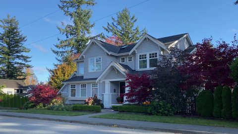 Establishing shot of two story white luxury house with pedestrian path, big tree and red landscape in Vancouver, Canada, North America. Blue sky. Day time on September 2020. Still camera view. H.264.