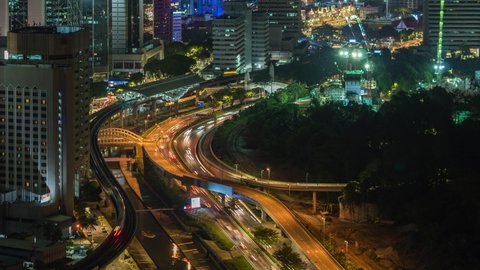 Time lapse view of cityscape and night traffic in central Kuala Lumpur, Malaysia. 