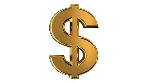3D animation seamless loop of a golden dollar symbol rotates isolated on a white background. 4K resolution