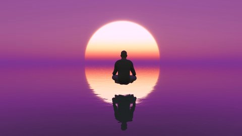 4K footage of a young man sitting in deep meditation.Yoga meditation by A man on the ocean at sunrise with purple and cyan color, 3D Rendering, Perfect for cinema, Seamlessly looped animation. 