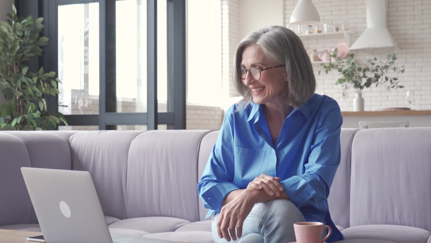 Happy senior older business woman distance teacher, coach, talking by video conference call giving web training, live webinar, virtual counseling chat zoom meeting on laptop working from home office. Royalty-Free Stock Footage #1062522034