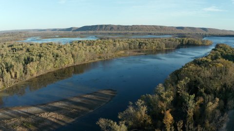Mississippi River Wisconsin Iowa in Autumn Backwater Habitat Moving Flying Over Aerial Drone