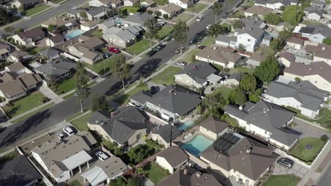 Burbank California residential suburban properties garden lawns and rooftops aerial birds eye view