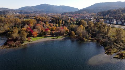 Circling Drone/Aerial footage of Shoreline Trees in Fall Colors near Issaquah, Lake Sammamish State Park, Tiger Mountain, Bellevue, the I-90 highway in King County, Washington, US
