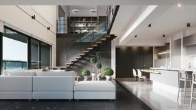 Modern kitchen with living room area. luxury living room design. 3d visualization - Powered by Shutterstock - Get 15% off with code: PIKWIZARD15