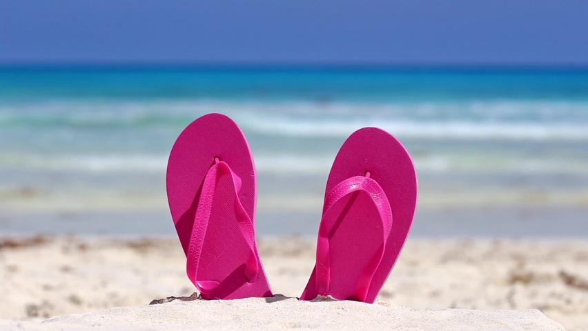 Pink flip flops on white sandy beach near caribbean sea, nobody. Summer vacations Royalty-Free Stock Footage #1062540319