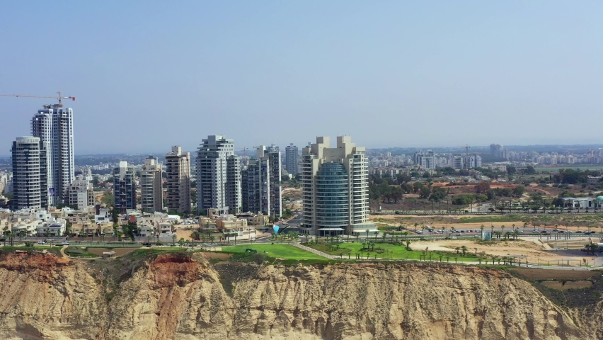 Aerial view of Netanya cliffside coastline, Israel.