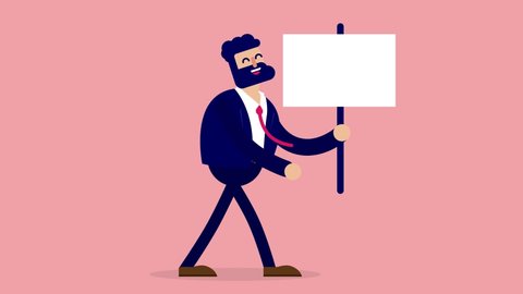 Animated businessman holding blank sign with space for text - Cartoon man walking with empty poster for custom message. Infinite loop animation.