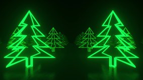Christmas trees, green neon glow icon on darkness black background. Sideways movement to the right, parallax effect. Abstract winter holiday concept. VJ Christmas concept. 3d Loop animation of 4K