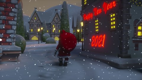 Christmas and Happy New Year 2021 animation. View of a small town or village on a winter night at Christmas. Santa Claus carries a bag with gifts.