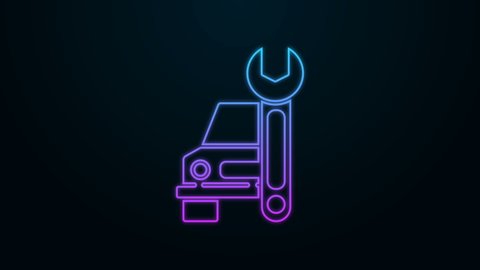 Glowing neon line Car service icon isolated on black background. Auto mechanic service. Repair service auto mechanic. Maintenance sign. 4K Video motion graphic animation