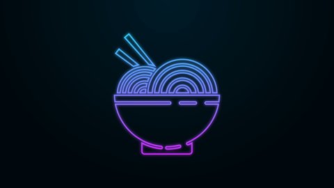 Glowing neon line Asian noodles in bowl and chopsticks icon isolated on black background. Street fast food. Korean, Japanese, Chinese food. 4K Video motion graphic animation