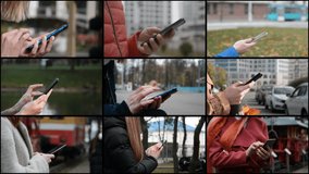 human hands holding smartphone, 4k video collage