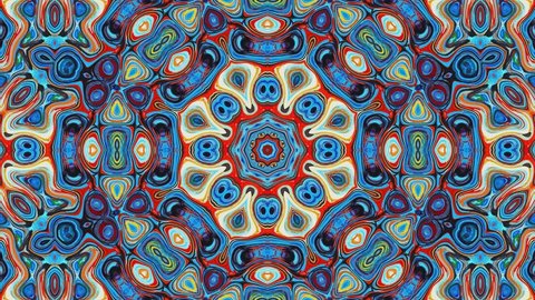 Multicolor Kaleidoscope Patterns. 4K Abstract Motion Graphics Background. Unique Kaleidoscopic Animation. Beautiful Bright Ornament. Seamless Loop