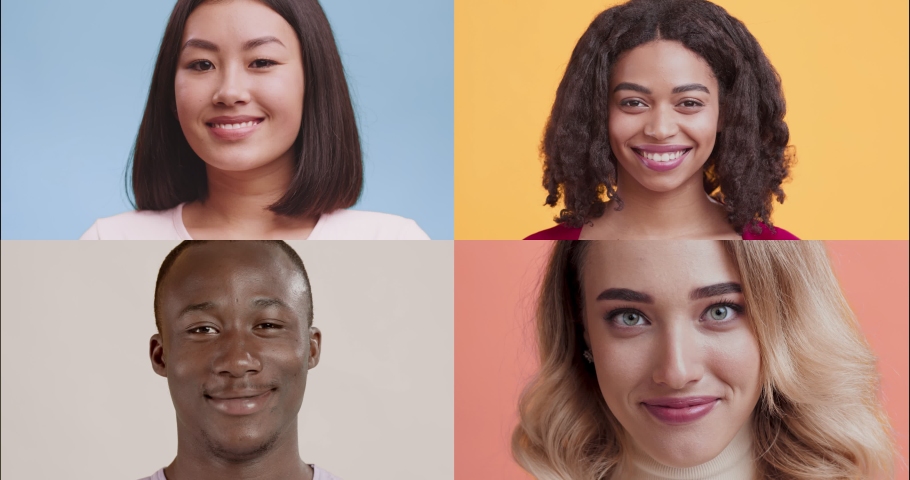 Collage of happy diverse millennial people smiling at camera over colorful studio background. Ethnicity variation concept | Shutterstock HD Video #1062552208