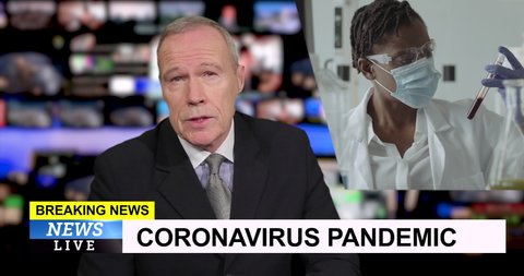 Male television news presenter in tv studio, breaking news about coronavirus vaccine