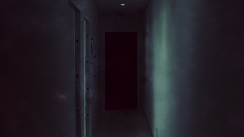 Scary corridor at a foggy night with evil forces and lights blinking, terror scene animation. Royalty-Free Stock Footage #1062561772