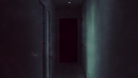 Scary corridor at a foggy night with evil forces and lights blinking, terror scene animation.