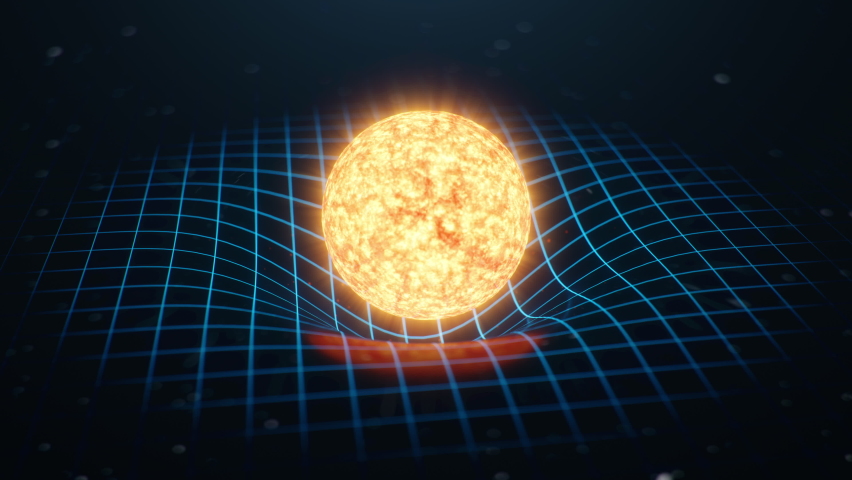 Gravity Sun bends space around it, distorted spacetime Concept gravity deforms space time grid around universe. Spacetime curvature. 4K 3D Animation