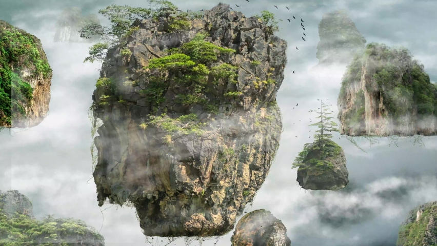Fantasy world of floating islands in clouds with birds moving animation. Royalty-Free Stock Footage #1062568018