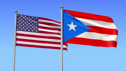 Puerto Rico and USA flag on flagpole excellent quality. Puerto Rico and The United States of America waving flag in wind. Endless Animation. LOOP/CYCLE Animation.