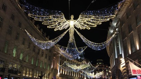 Regent street christmas angel wings lights decorations, London uk, 15 november 2020, twinkling lights