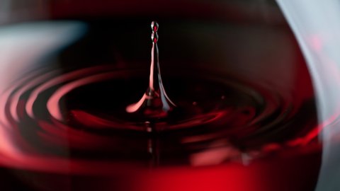 Super Slow Motion Macro Shot of Wine Drop Falling into Red Wine in Glass at 1000fps.