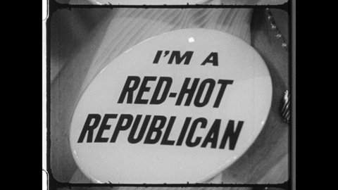 1972 Miami Beach, Florida. Republican national Convention. Woman wears VOTE Hair Clip. Woman swings gavel. Woman wears political button that reads RED HOT REPUBLICAN. 4K Overscan of 16mm Film Print