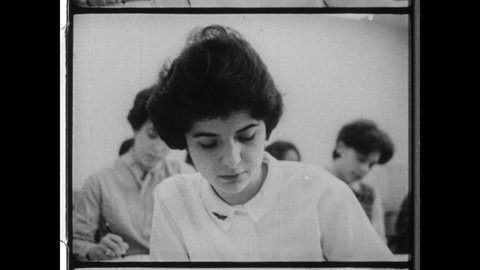 1960s Boston, MA. Young Women attend College University in search of Higher Education. 4K Overscan of Archival 16mm Film Print. 
