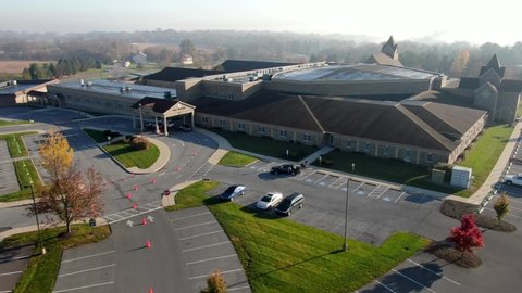 Lancaster , PA / United States - 11 09 2020: Calvary Church, large Evangelical Christian megachurch congregation in USA. Aerial exterior outside building view by drone.