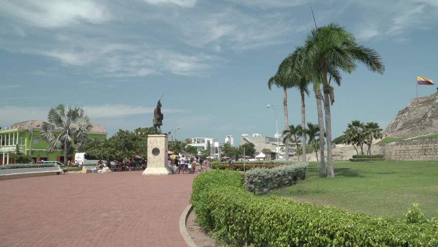 Castillo de San Felipe de Barajas Colombia Cartagena. Panning slowly from the street view to fort.