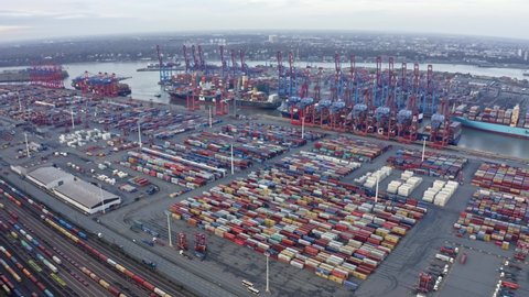 Drone flight over Port of Hamburg overview, Germany