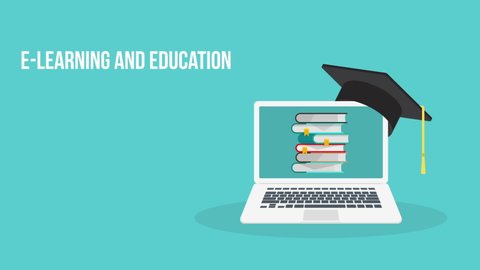 E-learning, online education at home. Concept of webinar, business online training, education on computer or e-learning concept. HD animation.