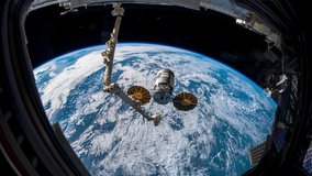 Beautiful time lapse of over the Earth from International Space Station ISS behind a dusty window over Atlantic Ocean to Russia. Earth maps and images courtesy by Nasa. 