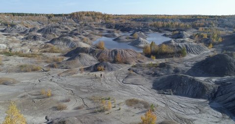 Drone flight over Ural clay quarries, Ural Mars surreal alien landscape, 4k footage