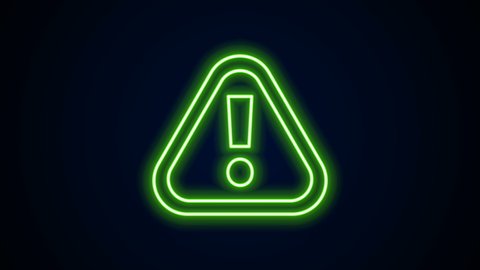 Glowing neon line Exclamation mark in triangle icon isolated on black background. Hazard warning sign, careful, attention, danger warning important. 4K Video motion graphic animation.