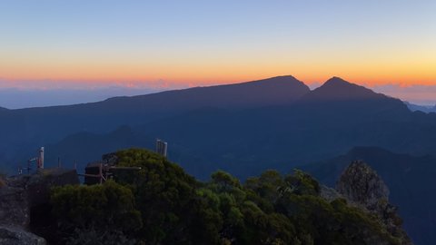 Panorama of Reunion Island moutains during sunrise seen from the Piton Maido