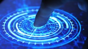 Human Finger Turns on Touch Futuristic Screen Button and Activates Futuristic Artificial Intelligence engine in 4K - Powered by Shutterstock - Get 15% off with code: PIKWIZARD15