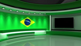TV studio. Brazil flag studio. Brazil flag background. News studio. The perfect backdrop for any green screen or chroma key video or photo production. 3d render. 3d