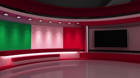TV studio. Italy flag studio. Italy flag background. News studio. The perfect backdrop for any green screen or chroma key video or photo production. 3d render. 3d