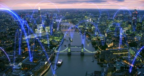 Wireless connections over London. Holographic lines connecting a smart city. Futuristic network. Arch. Representing concepts as: Smart city, IOT, AI, cloud computing, wireless technology.