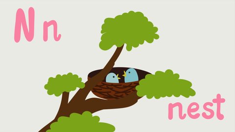 Animated English alphabet. Animated letter N. Nest with chicks on a branch. Learn letters. Motion design. Bright stylish video for your vlog or website.

