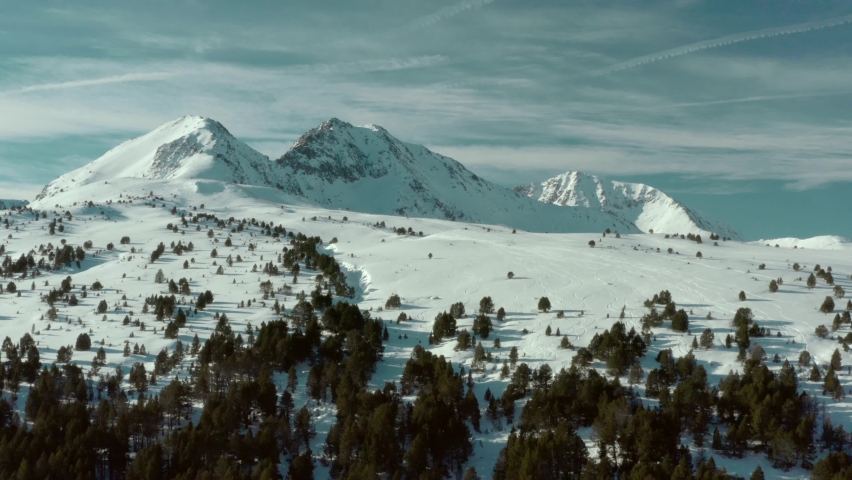 Andorran Pyrenees Mountain landscape, winter 4K aerial view