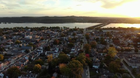 Columbia PA in Lancaster County, Pennsylvania. Sunset sunrise in quaint small town in USA. Susquehanna River aerial drone view.