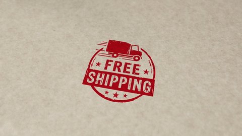 Free shipping stamp and hand stamping impact animation. Gratis delivery, service and package transport 3D rendered concept.