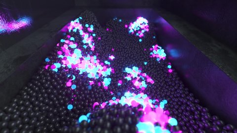 Abstract cloud of randomly glowing blue purple spheres in a futuristic room. Conceptual technology business composition. 3d animation