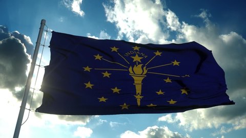 Indiana flag on a flagpole waving in the wind, blue sky background. 4K