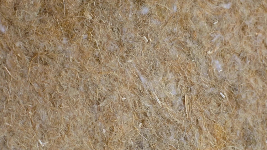 Macro close up from above of the surface of a sheet of hemp wool, revealing the details of the fiber. Eco friendly house in construction. Royalty-Free Stock Footage #1062630166