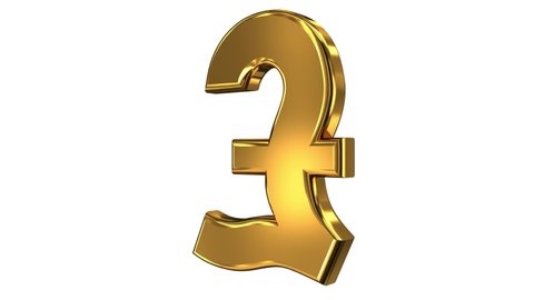 3D animation seamless loop of a golden pound of sterling symbol rotates isolated on a white background. 4K resolution.