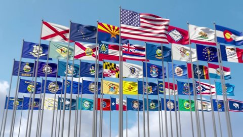 All the Flags of the United States together on a flagpole flutter in the wind. The camera slowly moves away from the flags and zooms to the wide shot.